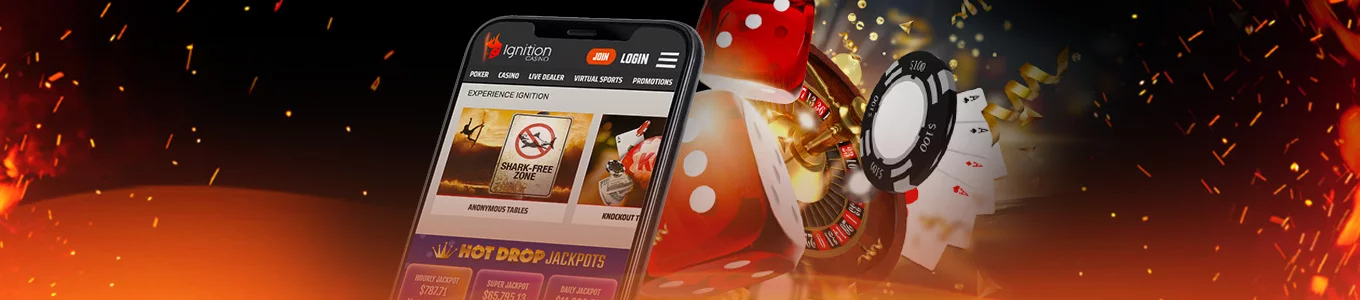 Ignition casino displayed on phone surrounded with chips, cards, dice and roulette wheel